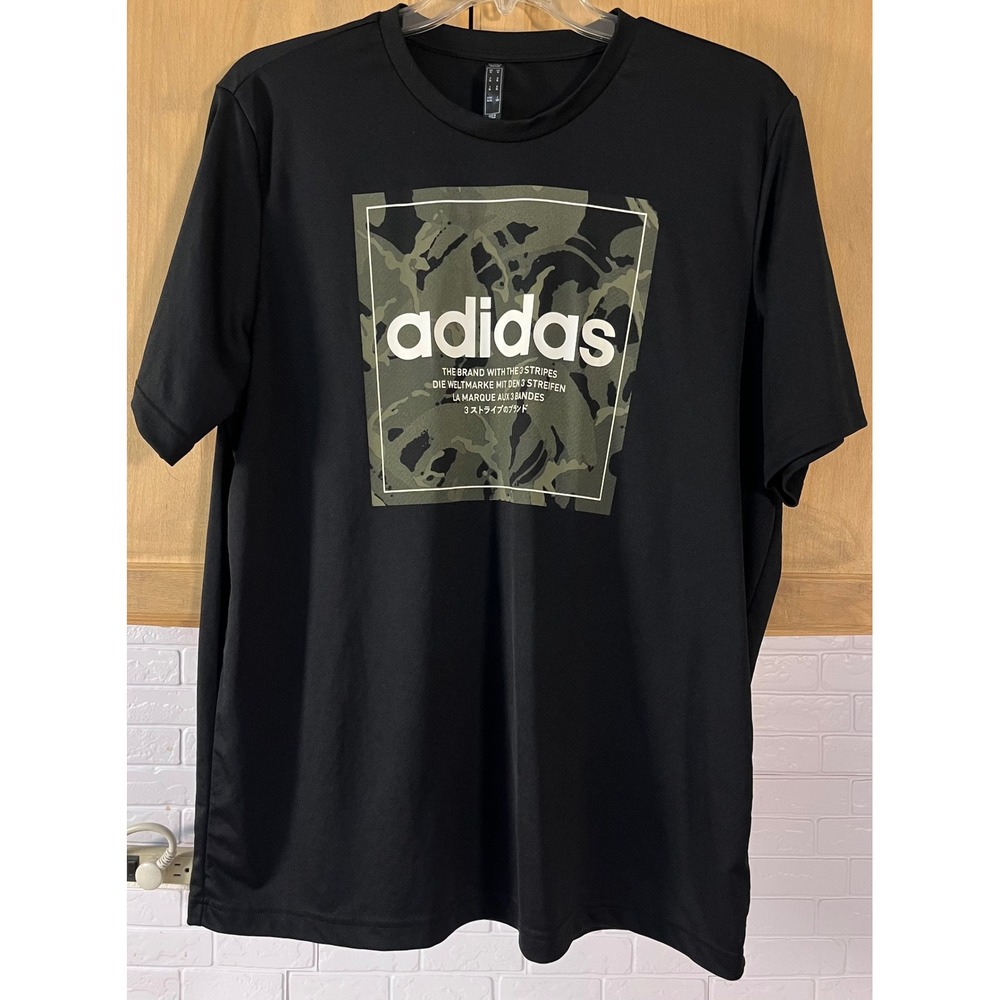 Adidas T-Shirt Mens XL Black Camo Box Logo‎ Primeblue Athletic Short Sleeve